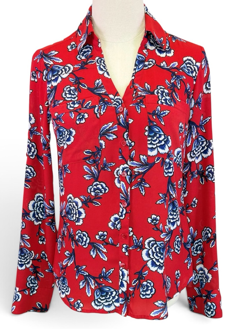 Express Portofino Slim Fit Women’s Red Floral Roll Tab Long Sleeve Top Size‎ XS